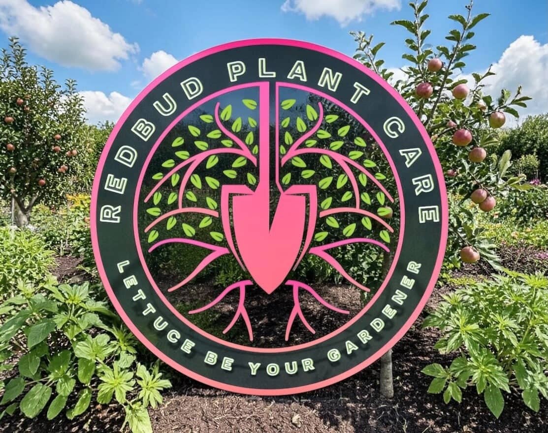 The RedBud Plant Care sign staked in a planted garden bed